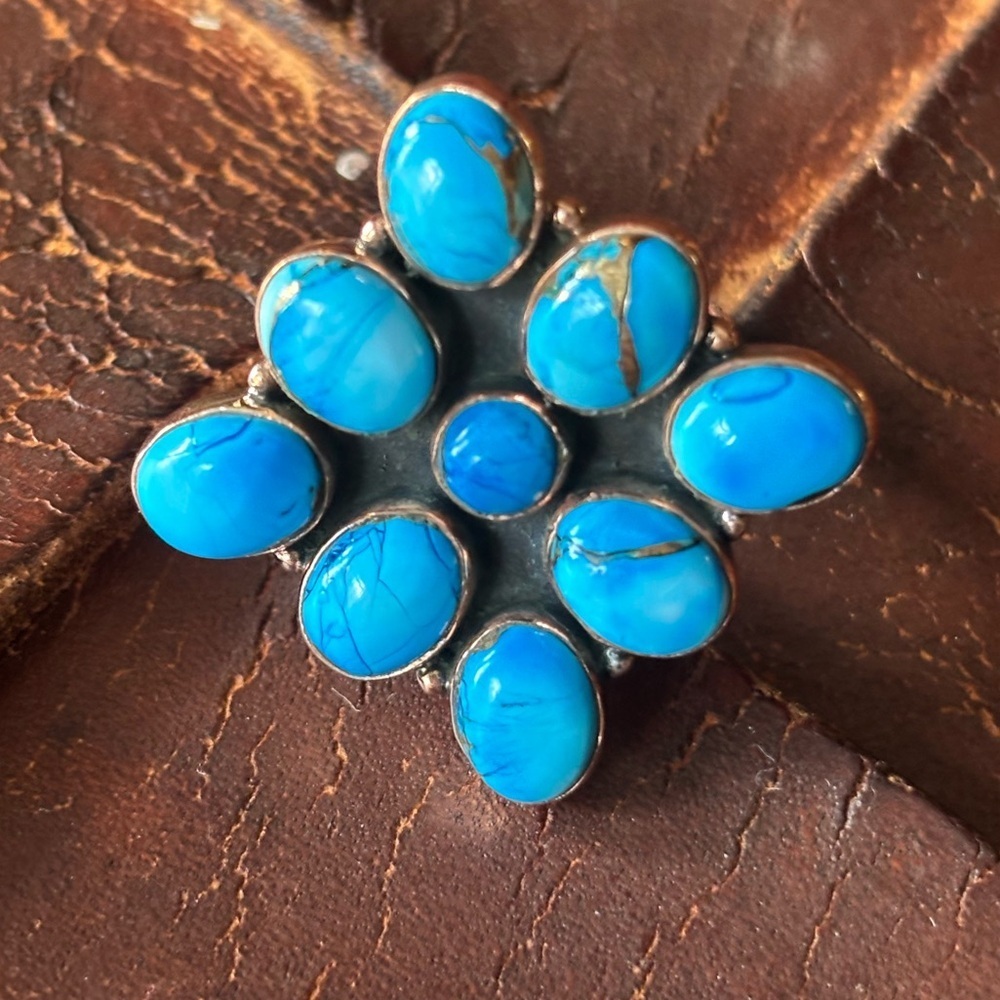 Ice Blue Dahlia and Copper Statement Adjustable Ring 5-10 NWOT